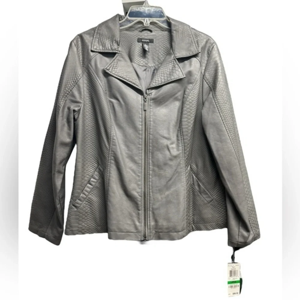 Women’s Faux Leather Alfani Bomber Jacket Zip Up Gray Snakeskin Large